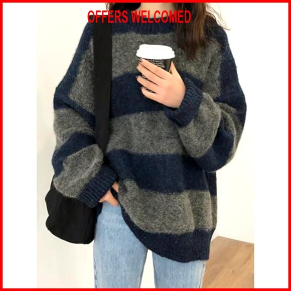 Oversized Striped Pullover Sweater, Crewneck Knit Top, Long Sleeve - Picture 2 of 7